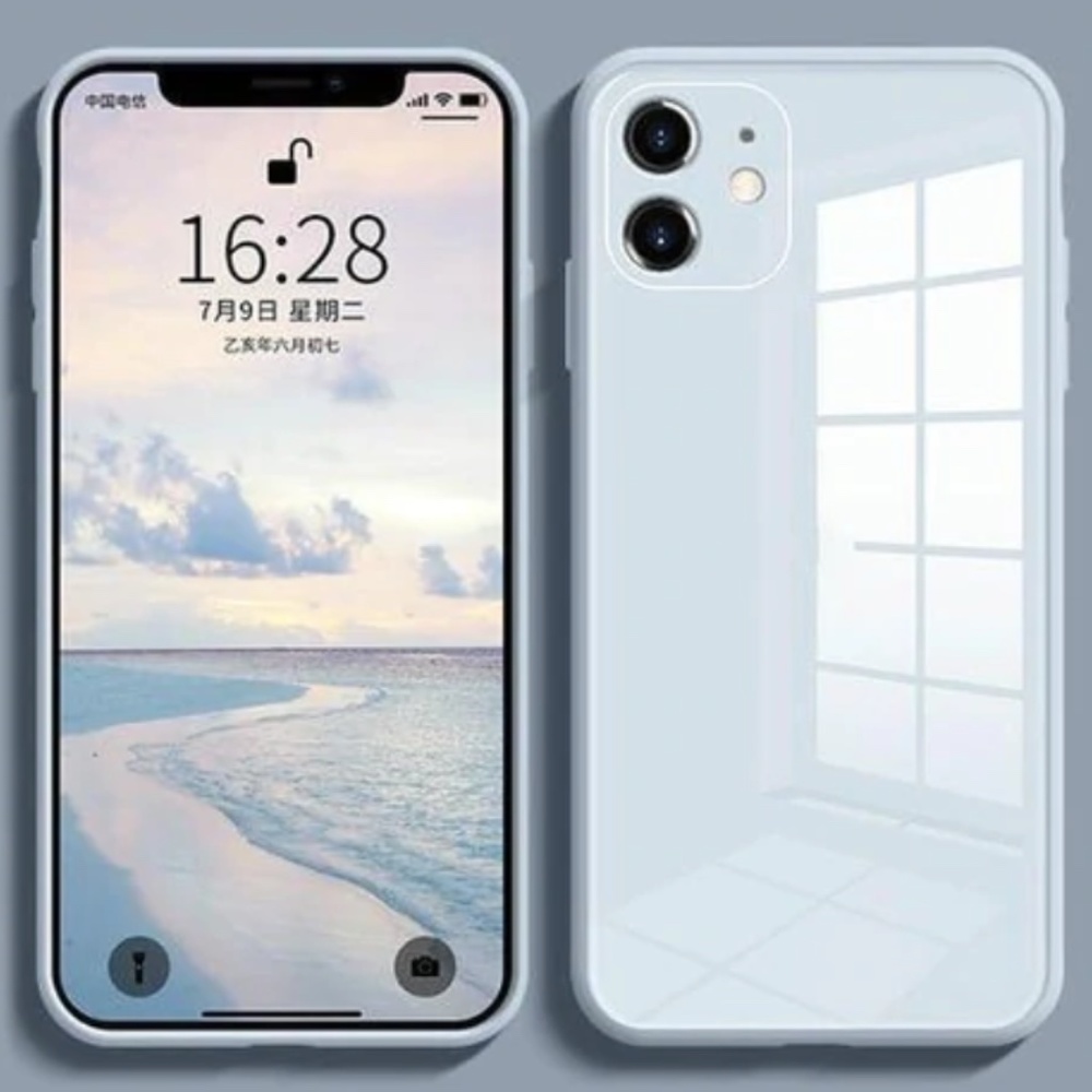 NWOT JellyCases iPhone 12 Glass Back Silicone Side Case & soft lining- blue/grey